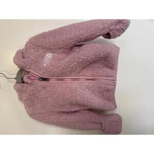 EUC Pink fuzzy bear north face girls zip up jacket 12-18 months